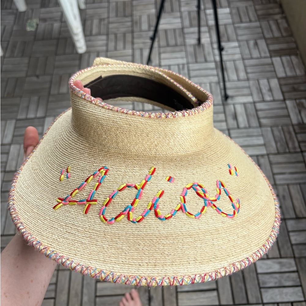 Brixton straw visor with colorful 'Adios' embroidery